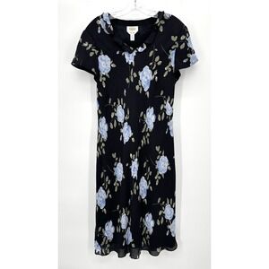 Talbots Pure Silk Floral Midi Dress Size 18 Black Blue Short Sleeve Lined